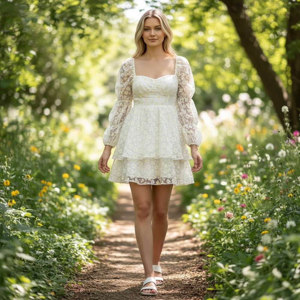 Storia Sheer Daisy Puff Sleeve Babydoll Dress Square Neck Ruffle Tiered Size S